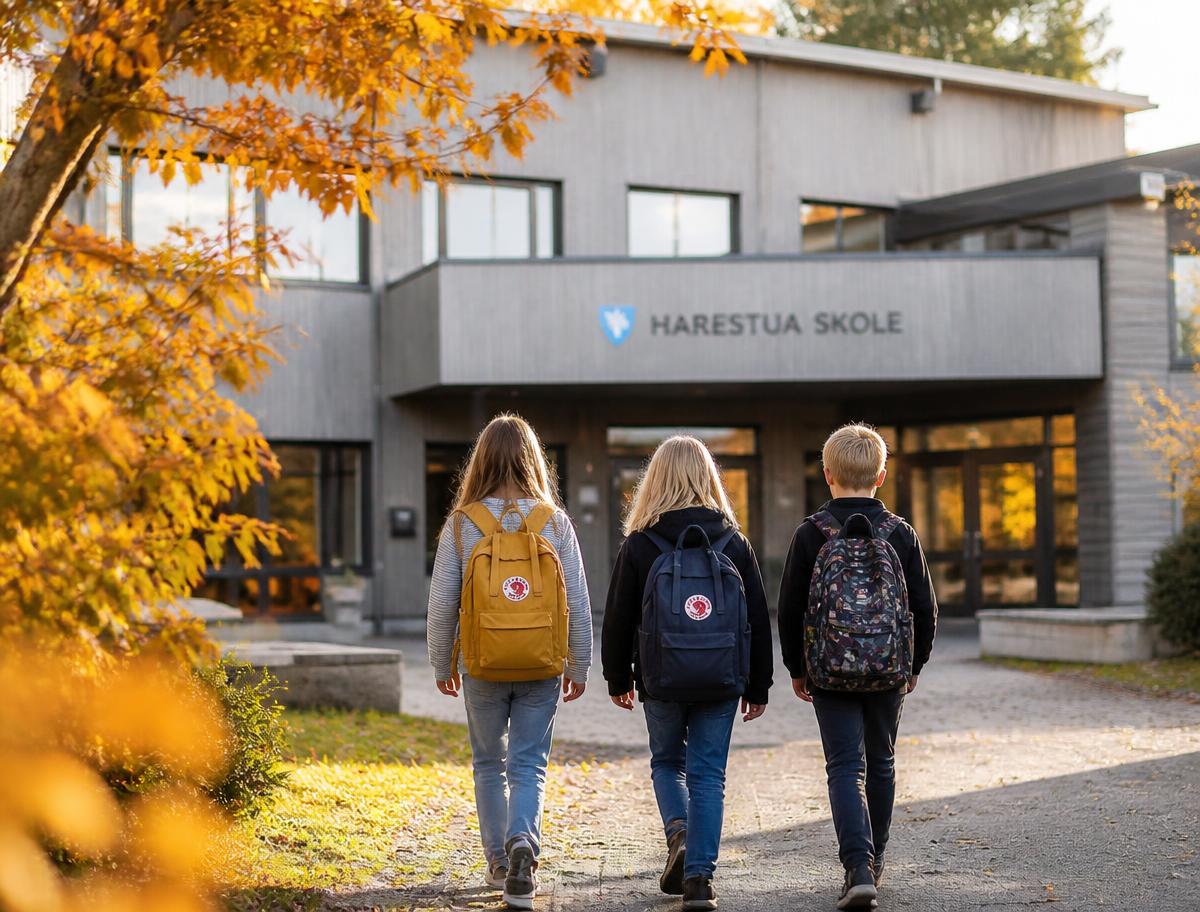 Tre skoleelever med ryggsekker på vei mot skolen en høstdag